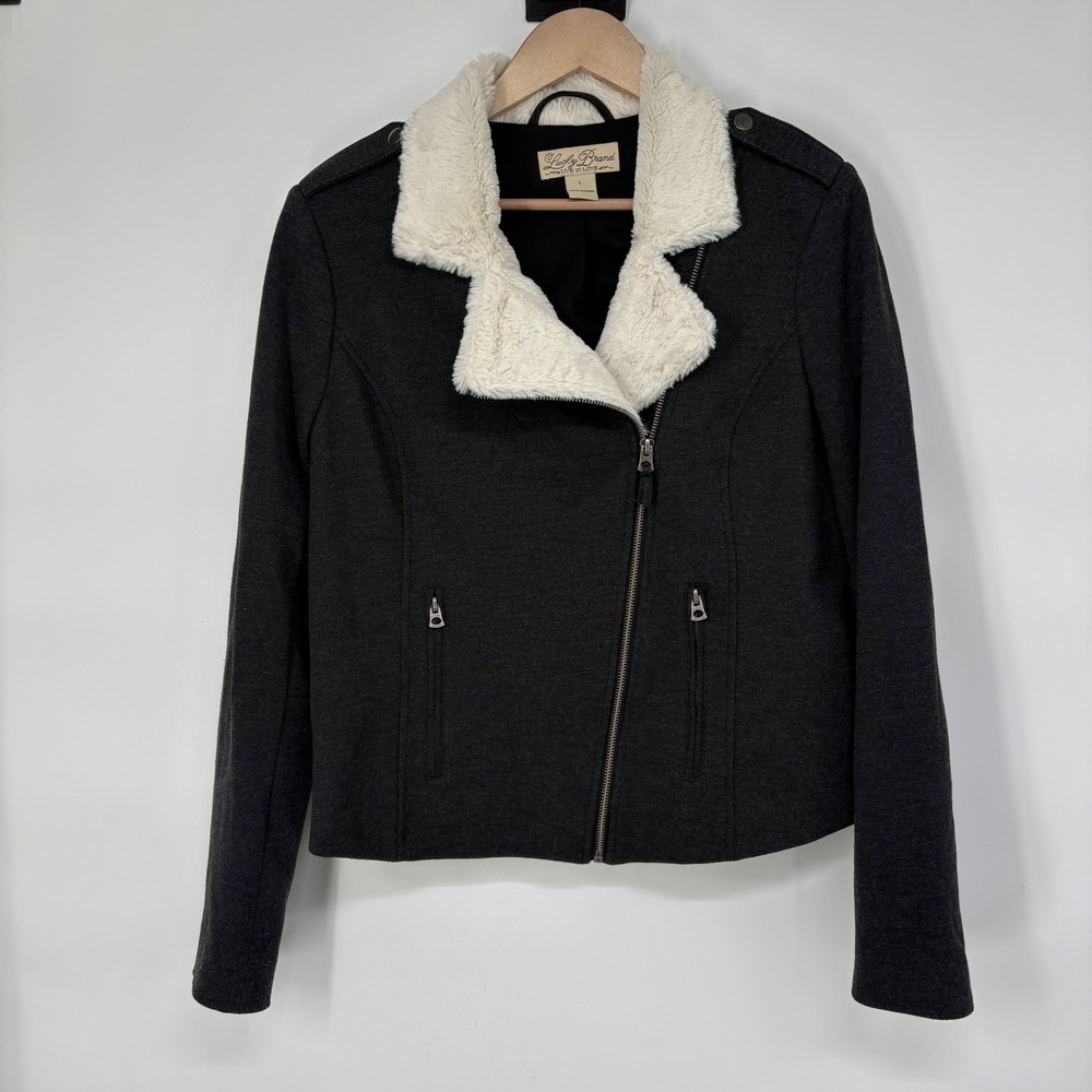 Lucky Brand Womens Moto Jacket Charcoal Gray Faux Fur Collar Size L Asymmetrical